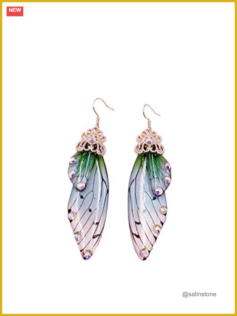 Butterfly Wing Earrings Necklace Set Rhinestone Foil Fairy Jewelry Women